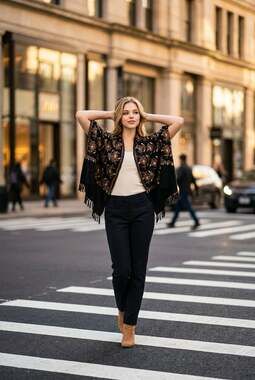 Barneys New York 100% Wool Black Embroidered Floral Shawl Scarf with Lattice Fri